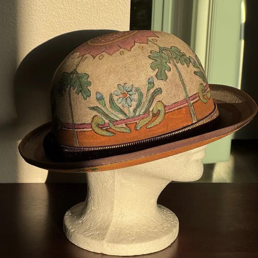 Rare OOAK Hand Painted Dorfman Pacific Bowler Hat Coachella Folk Art Boho Unisex